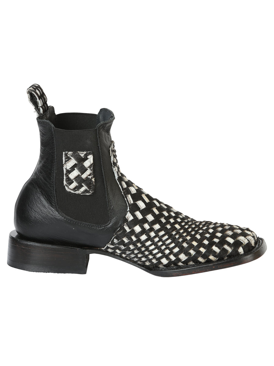 El General Men’s Rodeo Ankle Boots  Woven Hair-On Leather -  Black/White 45175