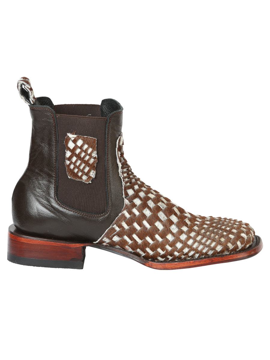 El General Men’s Rodeo Ankle Boots  Woven Hair-On Leather -  Brown/White 45176