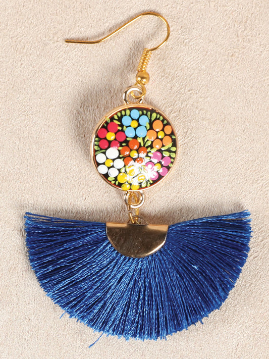 Artisanal Hand Painted Earrings Wood-Silk Thread Royal Blue  602179